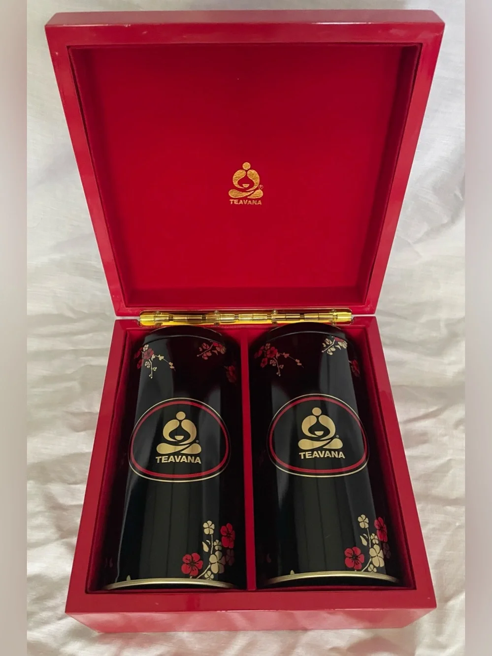 Rare Teavana Red Lacquer Wood Tea Chest Caddy with 2 Empty Storage Tins Set